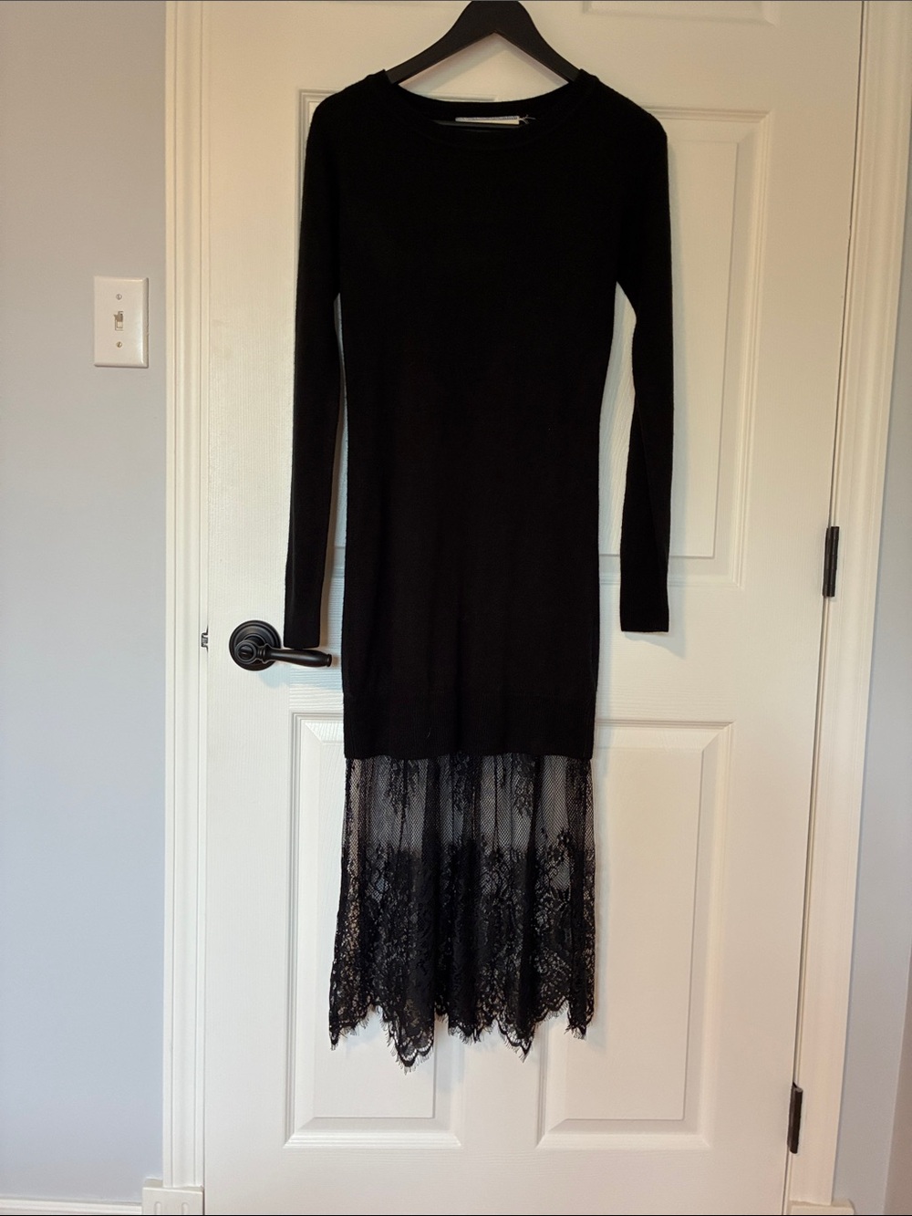 Long Sleeve Black Dress with Lace Hem